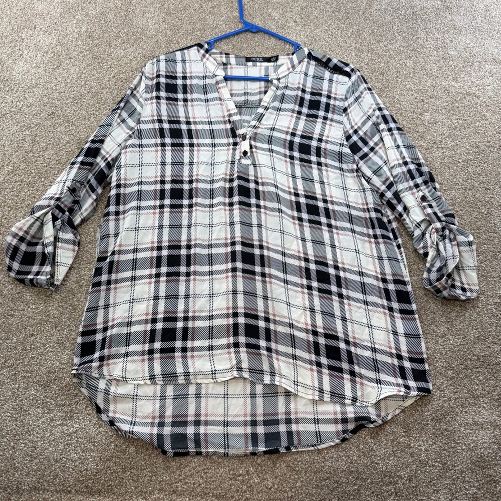 Cure Womens Plaid Roll Tab Sleeve V-Neck Tunic Blouse White Black Fall Office